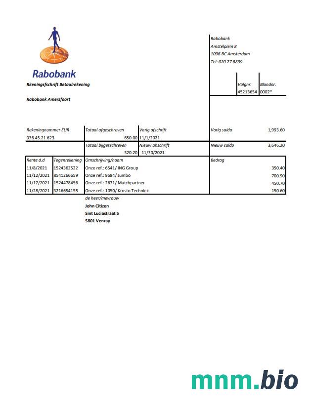 Holandia Rabobank wyciąg bankowy łatwy do wypełnienia szablon w formacie Word i PDF